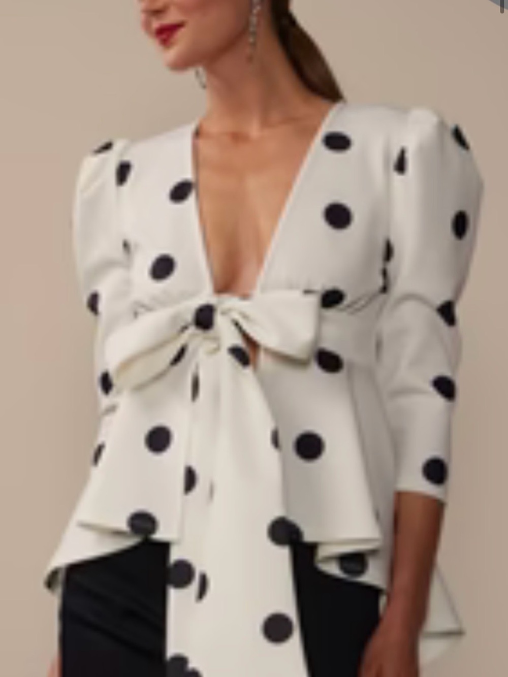 New York & Company White and Black Polka Dot Tie-Front Peplum Blouse